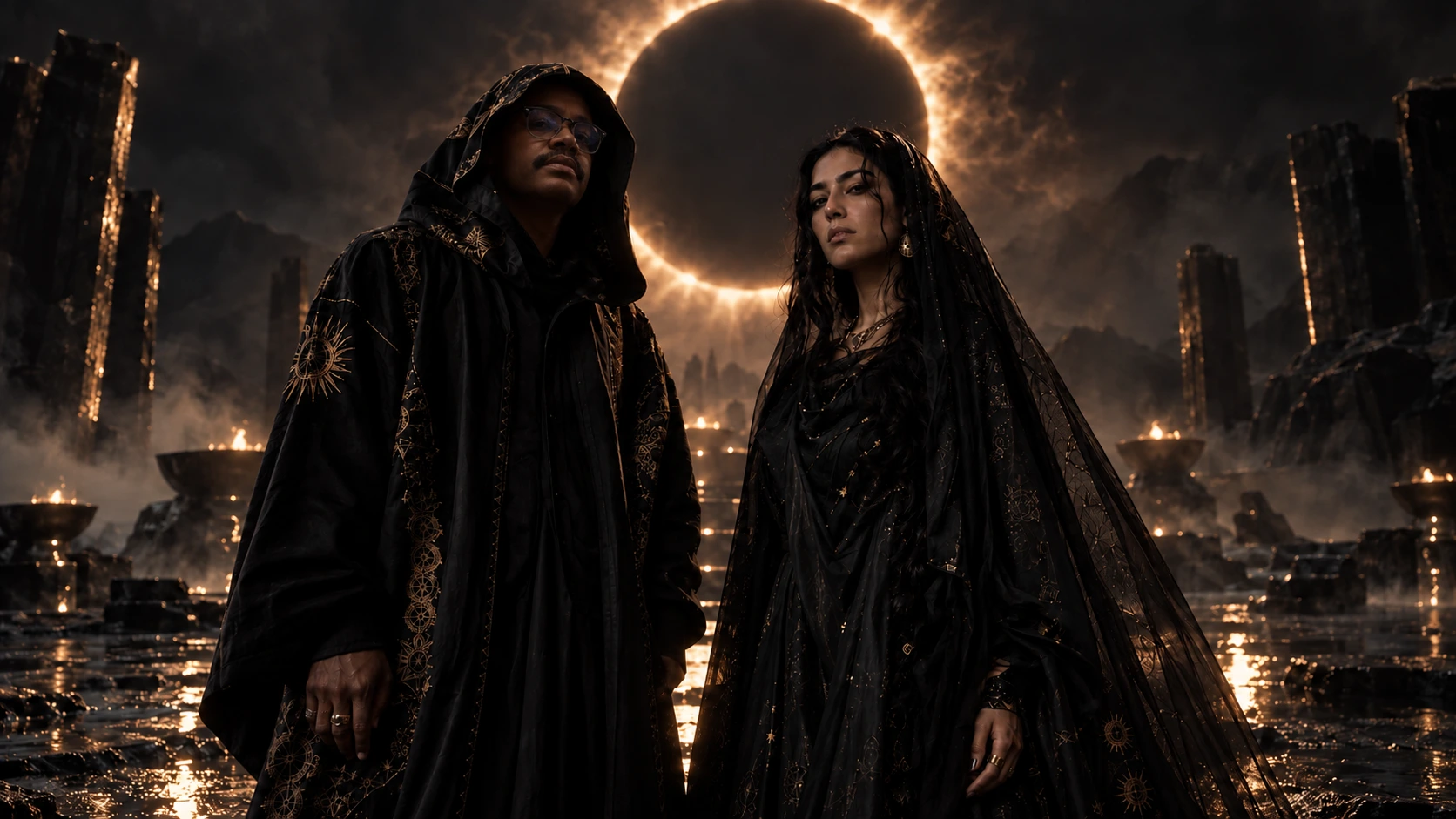 CelestialCue and Soraya standing together beneath a dark eclipse in celestial attire