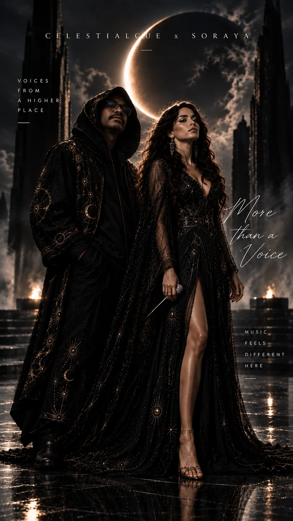 CelestialCue and Soraya in a dark celestial environment