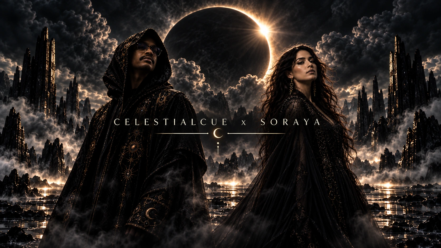 CelestialCue and Soraya together beneath a dramatic eclipse